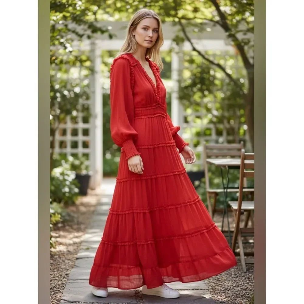 Chelsea & Violet Maxi Dress Red Chiffon Maraux Tiered Long NWT